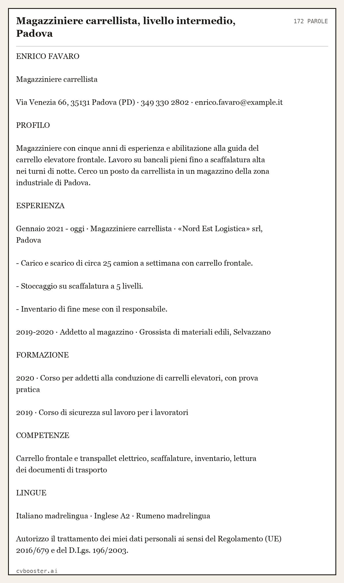 Esempio svolto: Magazziniere carrellista, livello intermedio, Padova, 172 parole