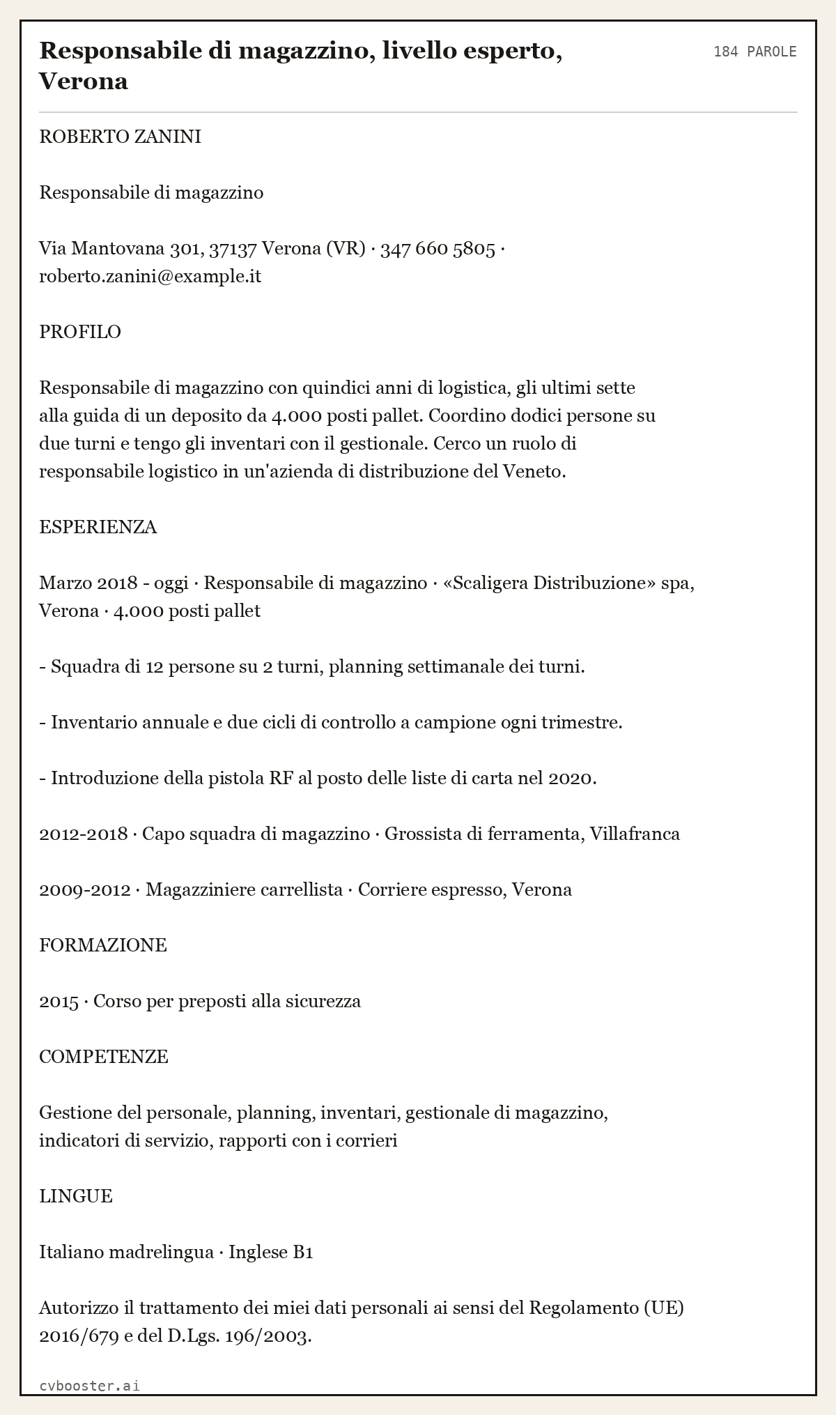 Esempio svolto: Responsabile di magazzino, livello esperto, Verona, 184 parole