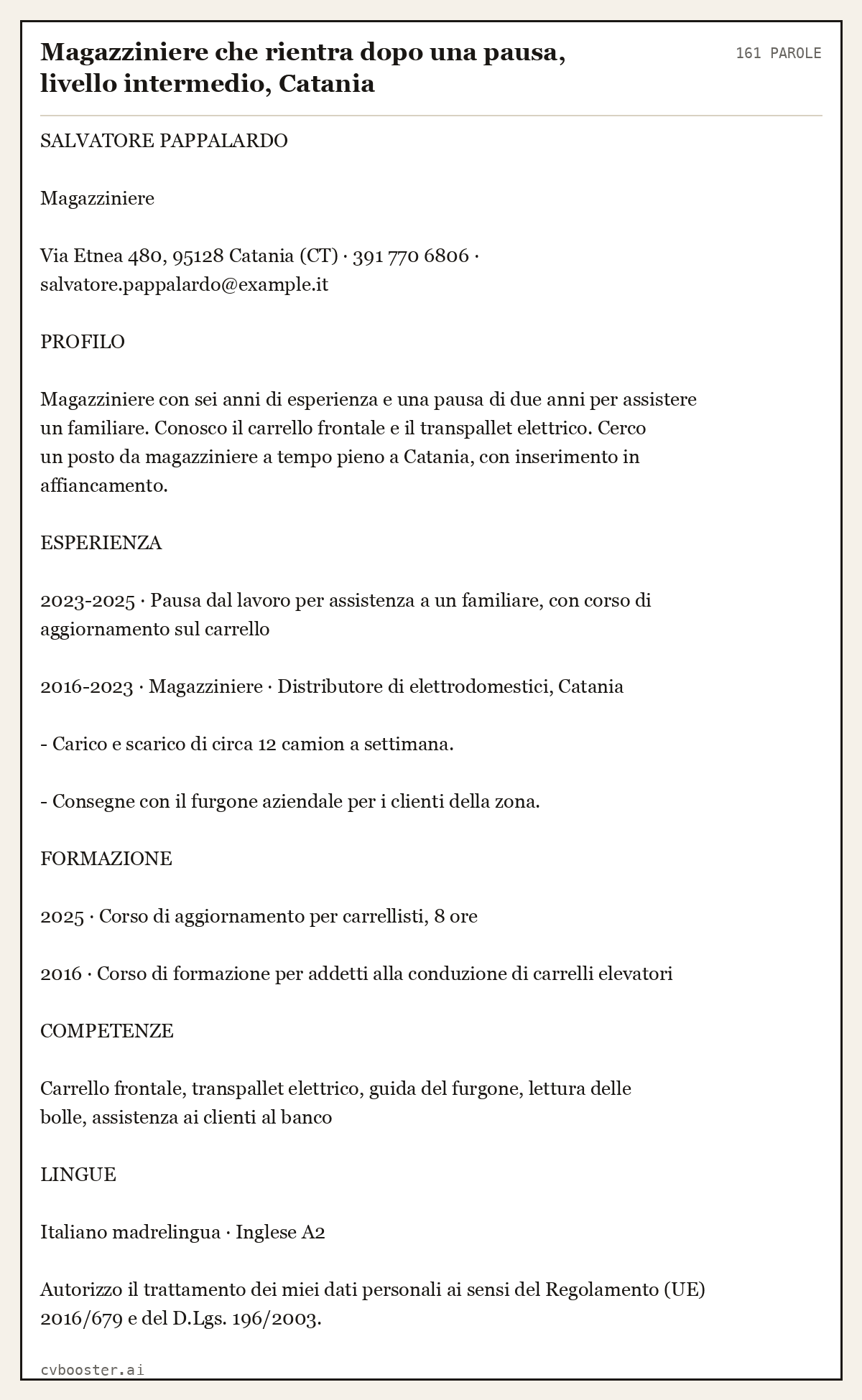 Esempio svolto: Magazziniere che rientra dopo una pausa, livello intermedio, Catania, 161 parole