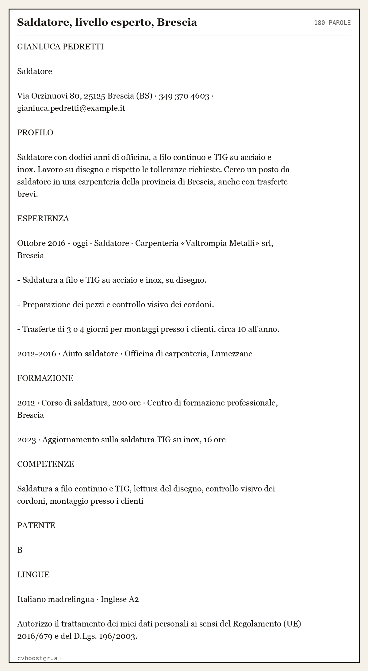Esempio svolto: Saldatore, livello esperto, Brescia, 180 parole