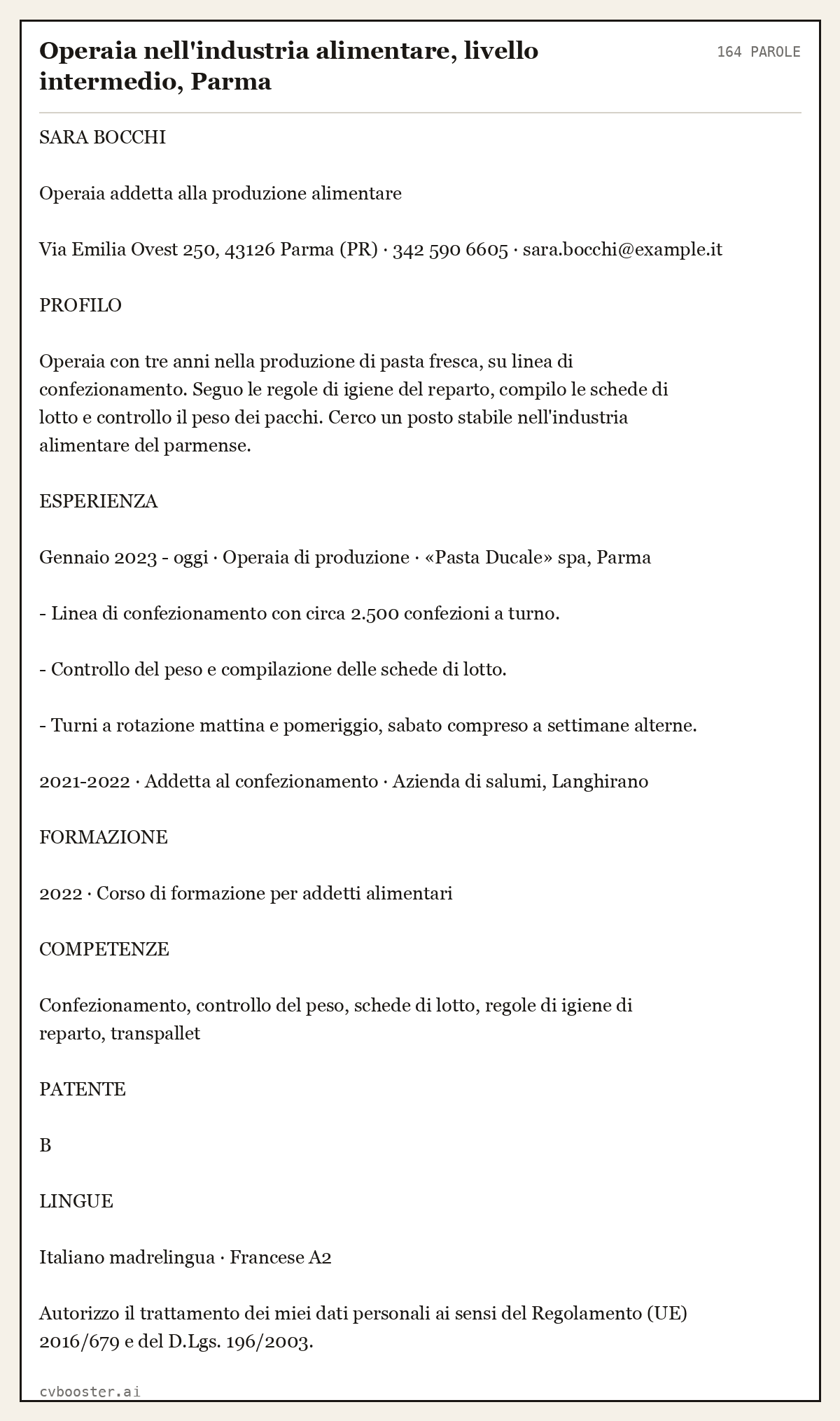 Esempio svolto: Operaia nell'industria alimentare, livello intermedio, Parma, 164 parole