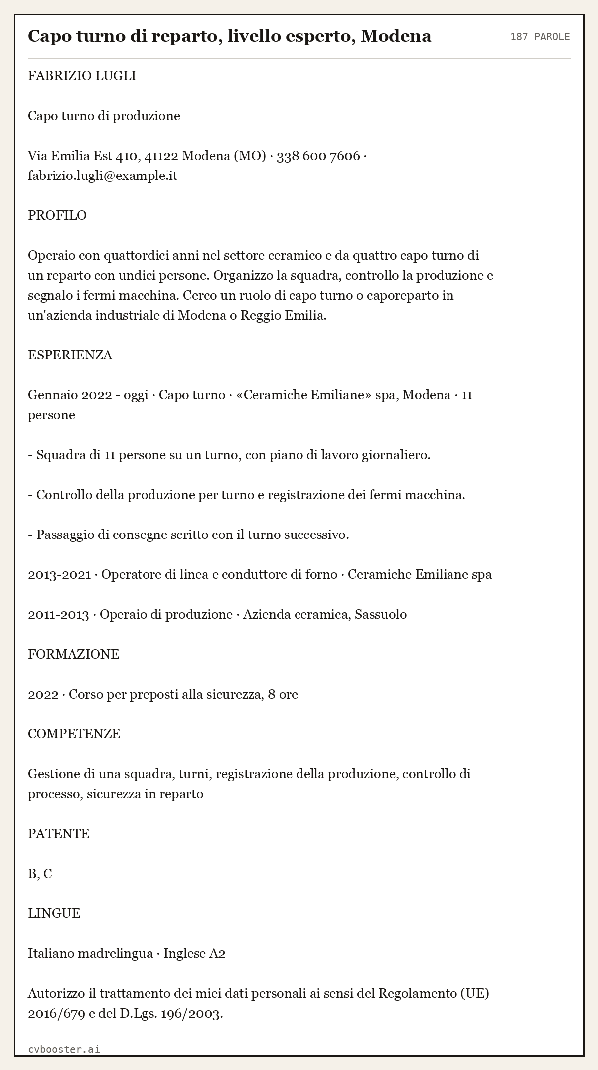 Esempio svolto: Capo turno di reparto, livello esperto, Modena, 187 parole