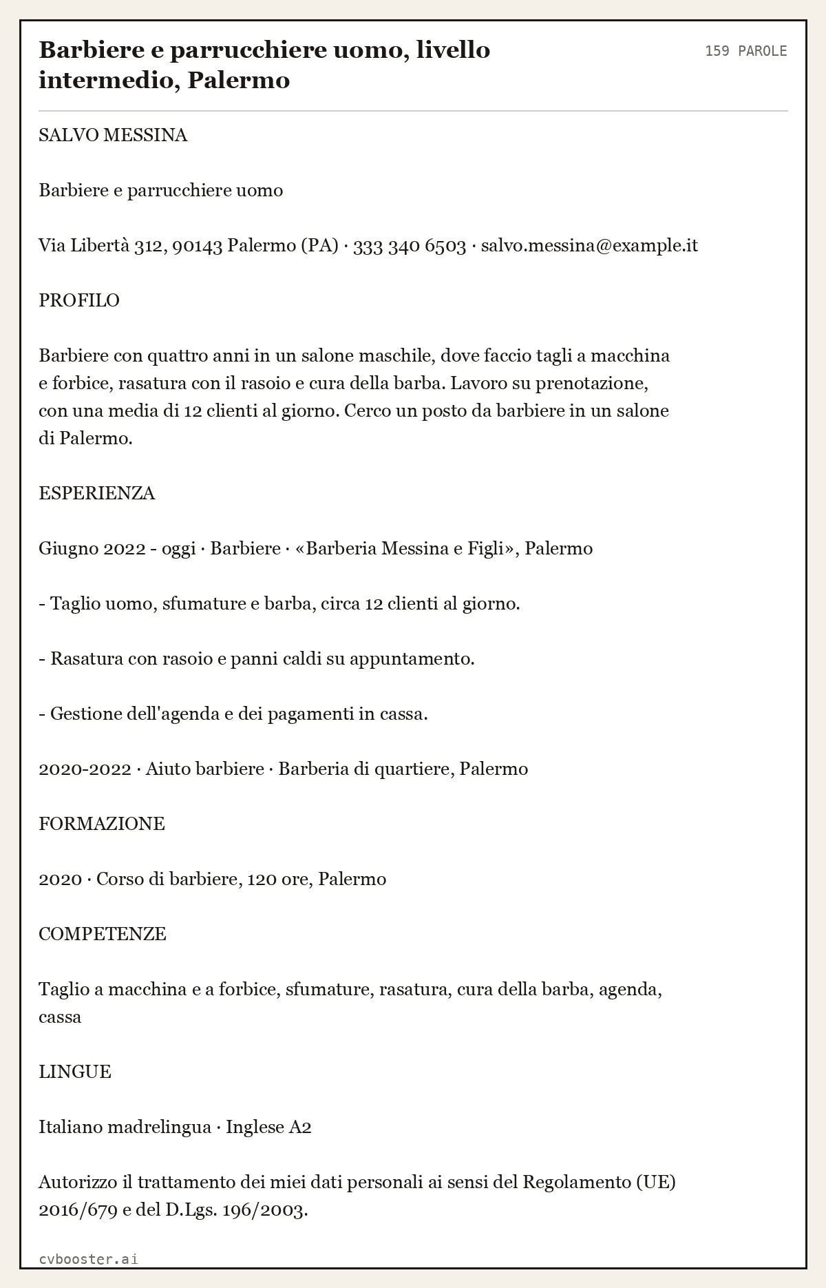 Esempio svolto: Barbiere e parrucchiere uomo, livello intermedio, Palermo, 159 parole