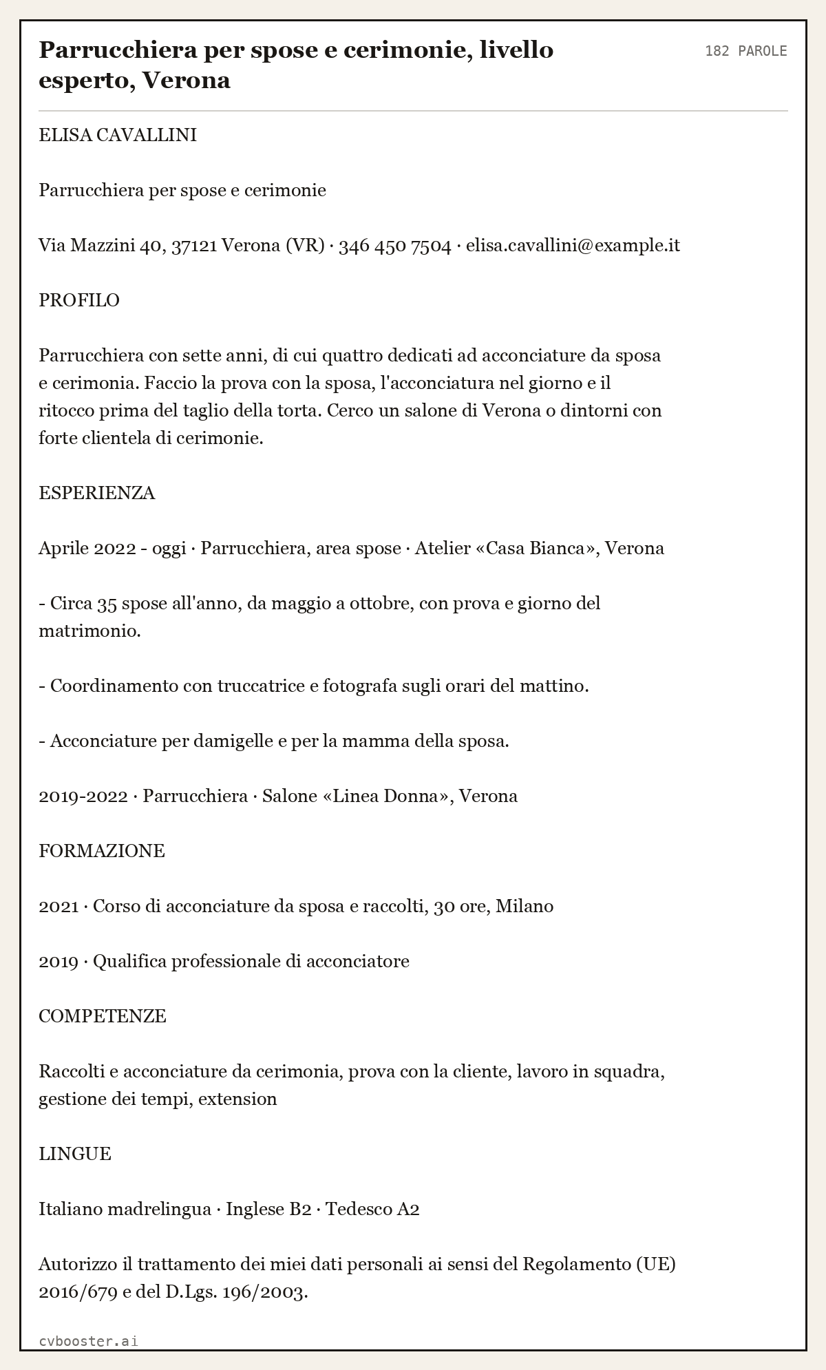 Esempio svolto: Parrucchiera per spose e cerimonie, livello esperto, Verona, 182 parole
