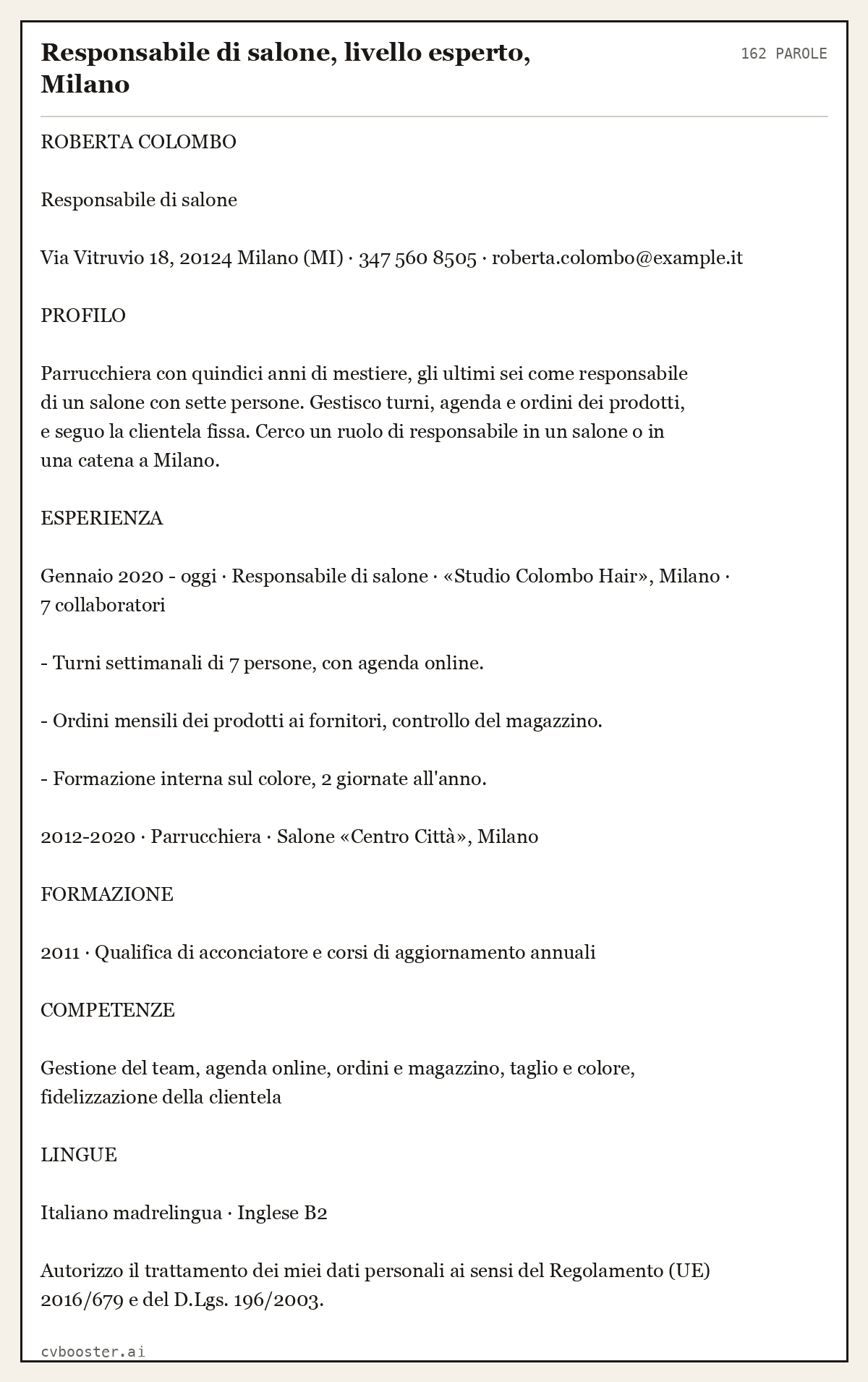 Esempio svolto: Responsabile di salone, livello esperto, Milano, 162 parole