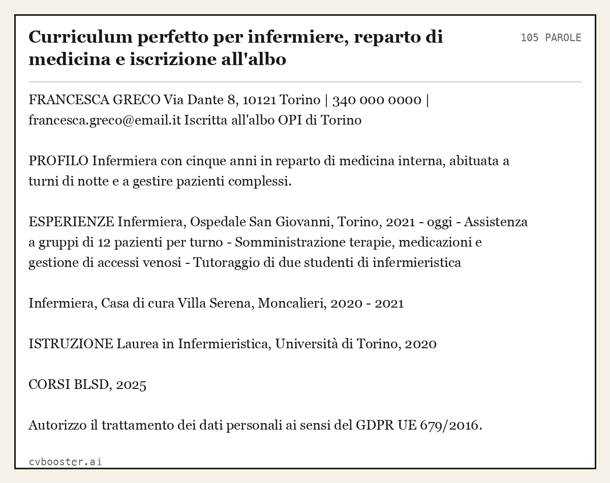 Esempio svolto: Curriculum perfetto per infermiere, reparto di medicina e iscrizione all'albo, 105 parole