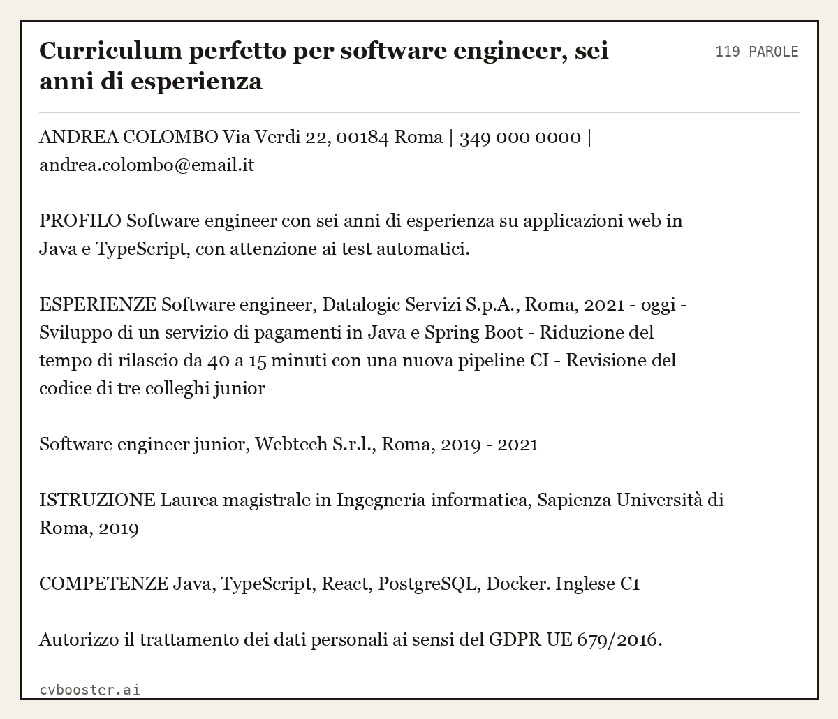 Esempio svolto: Curriculum perfetto per software engineer, sei anni di esperienza, 119 parole