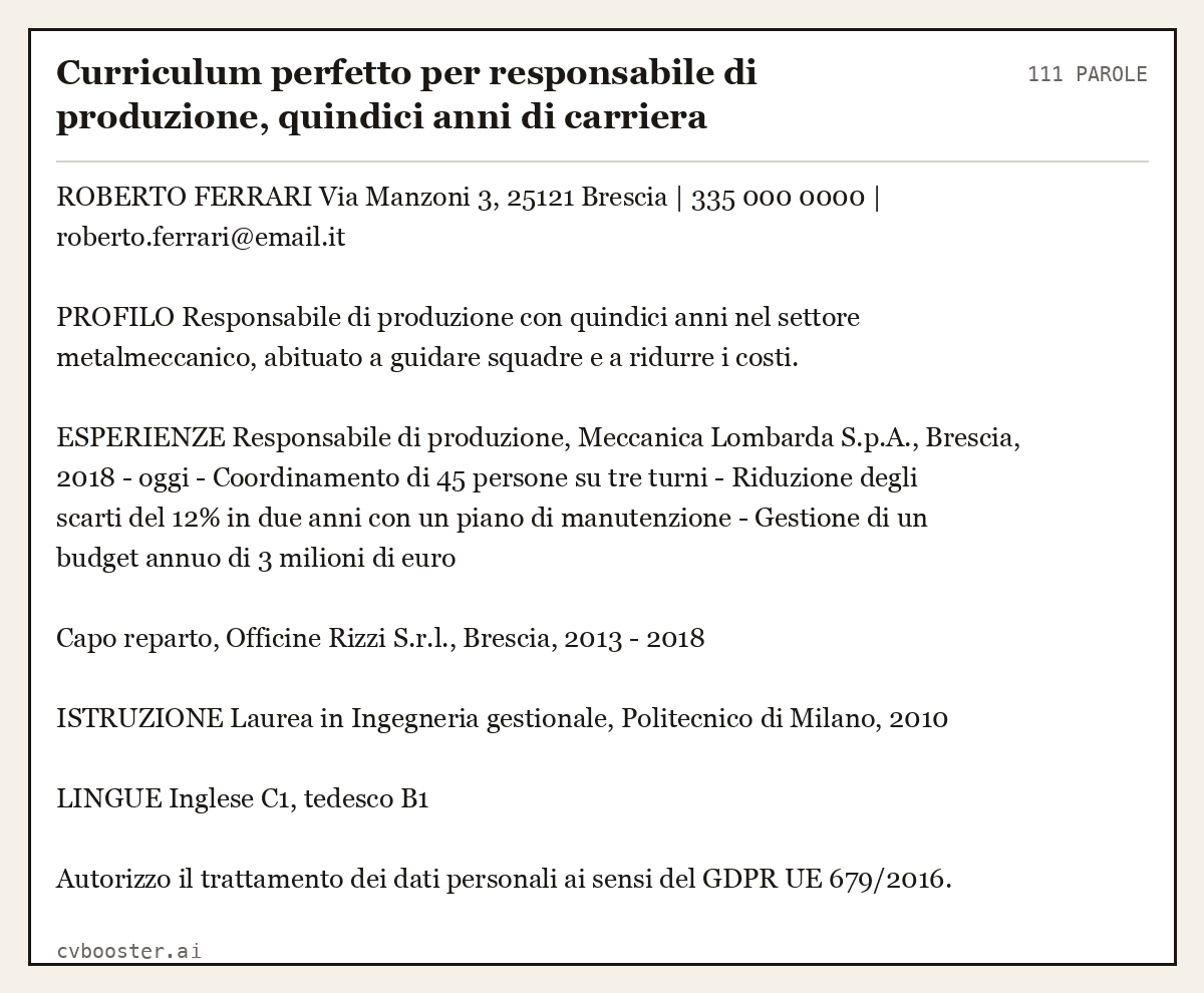 Esempio svolto: Curriculum perfetto per responsabile di produzione, quindici anni di carriera, 111 parole