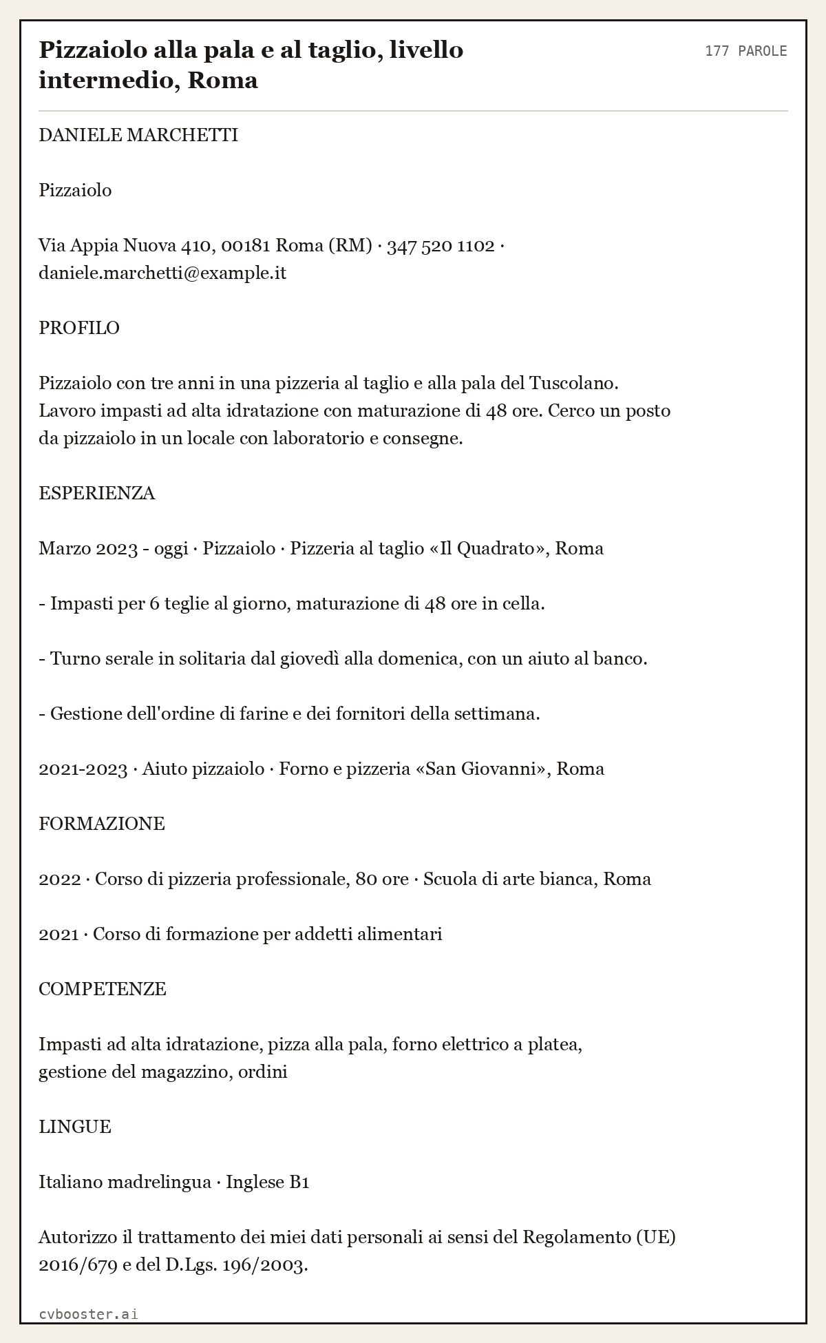 Esempio svolto: Pizzaiolo alla pala e al taglio, livello intermedio, Roma, 177 parole