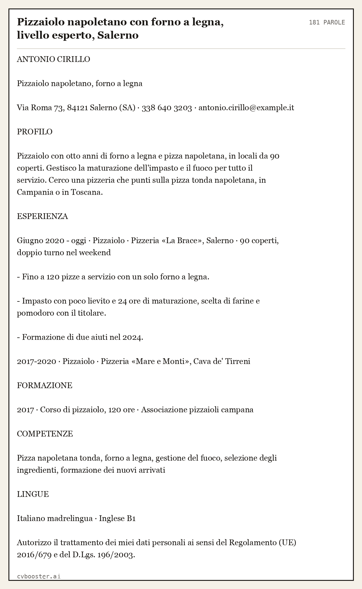 Esempio svolto: Pizzaiolo napoletano con forno a legna, livello esperto, Salerno, 181 parole