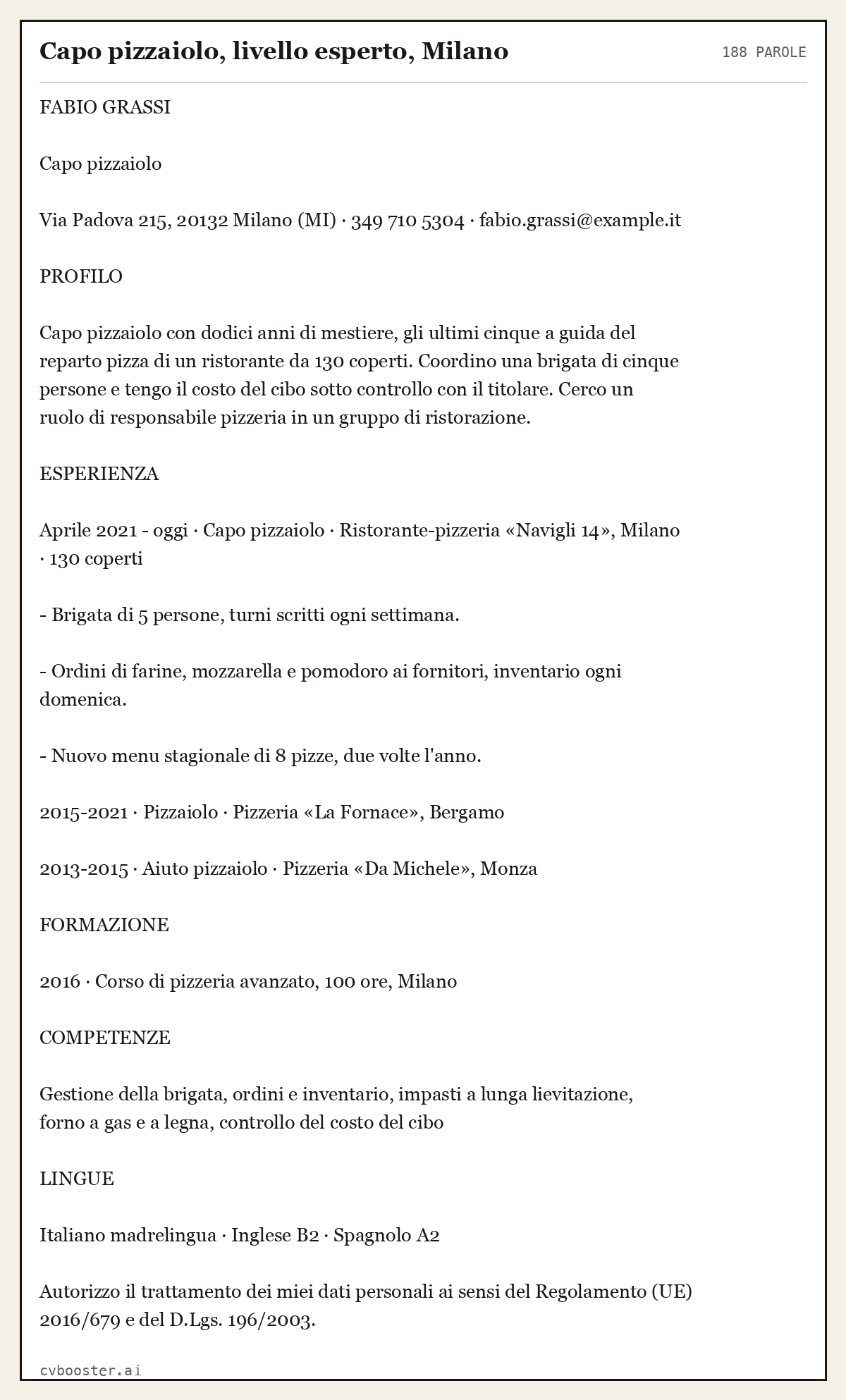 Esempio svolto: Capo pizzaiolo, livello esperto, Milano, 188 parole