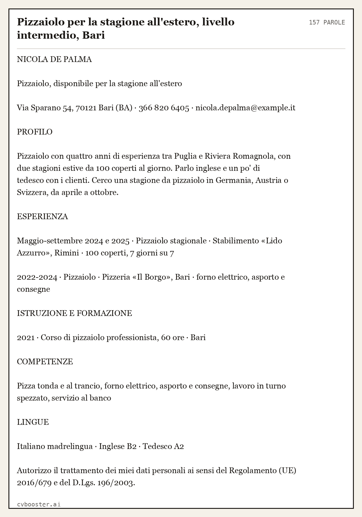 Esempio svolto: Pizzaiolo per la stagione all'estero, livello intermedio, Bari, 157 parole