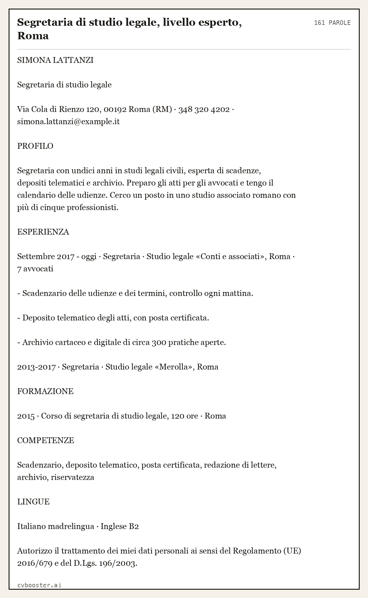 Esempio svolto: Segretaria di studio legale, livello esperto, Roma, 161 parole