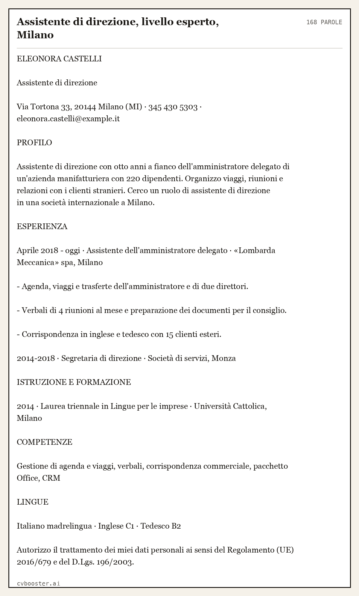 Esempio svolto: Assistente di direzione, livello esperto, Milano, 168 parole
