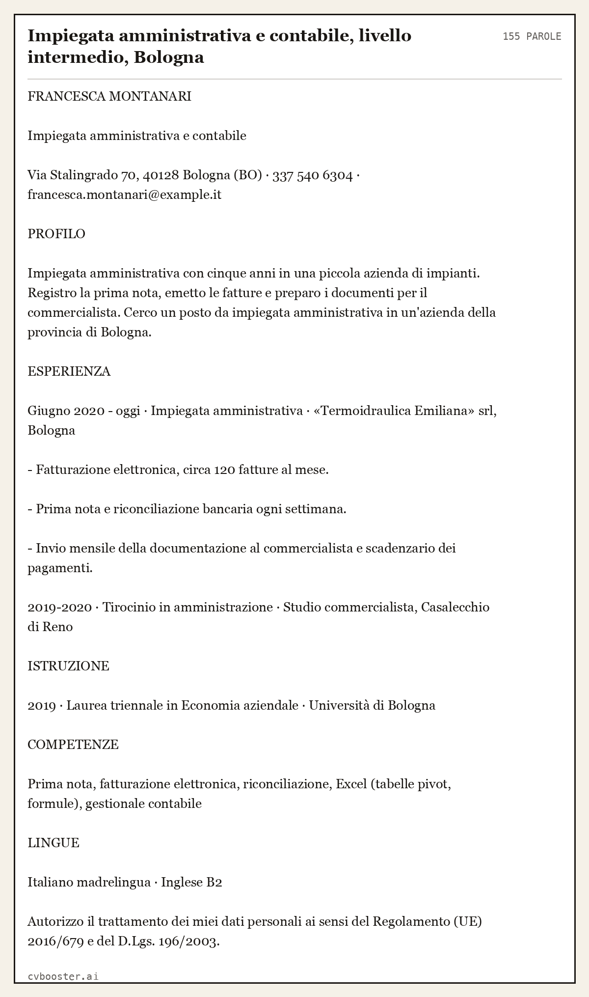 Esempio svolto: Impiegata amministrativa e contabile, livello intermedio, Bologna, 155 parole
