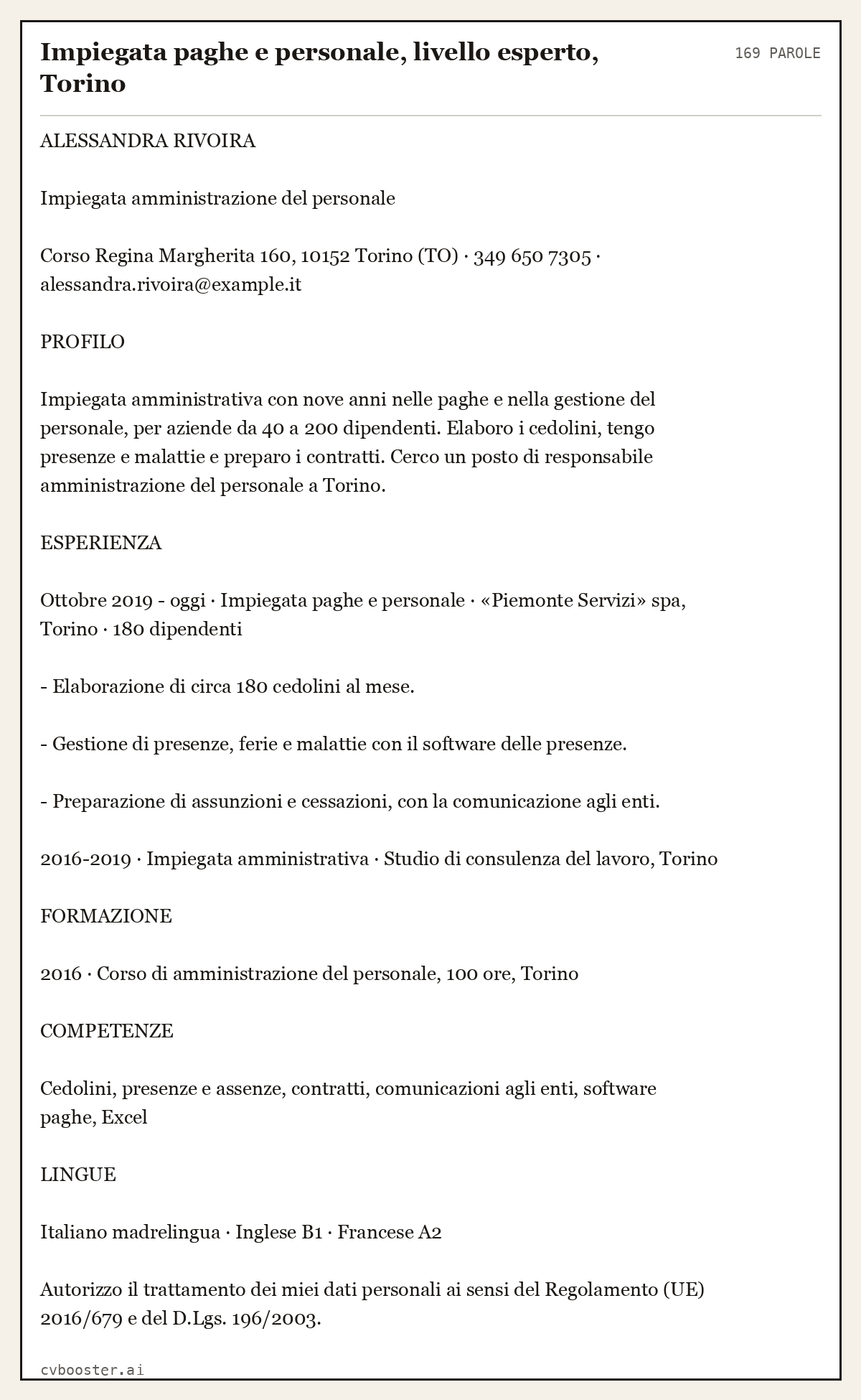 Esempio svolto: Impiegata paghe e personale, livello esperto, Torino, 169 parole