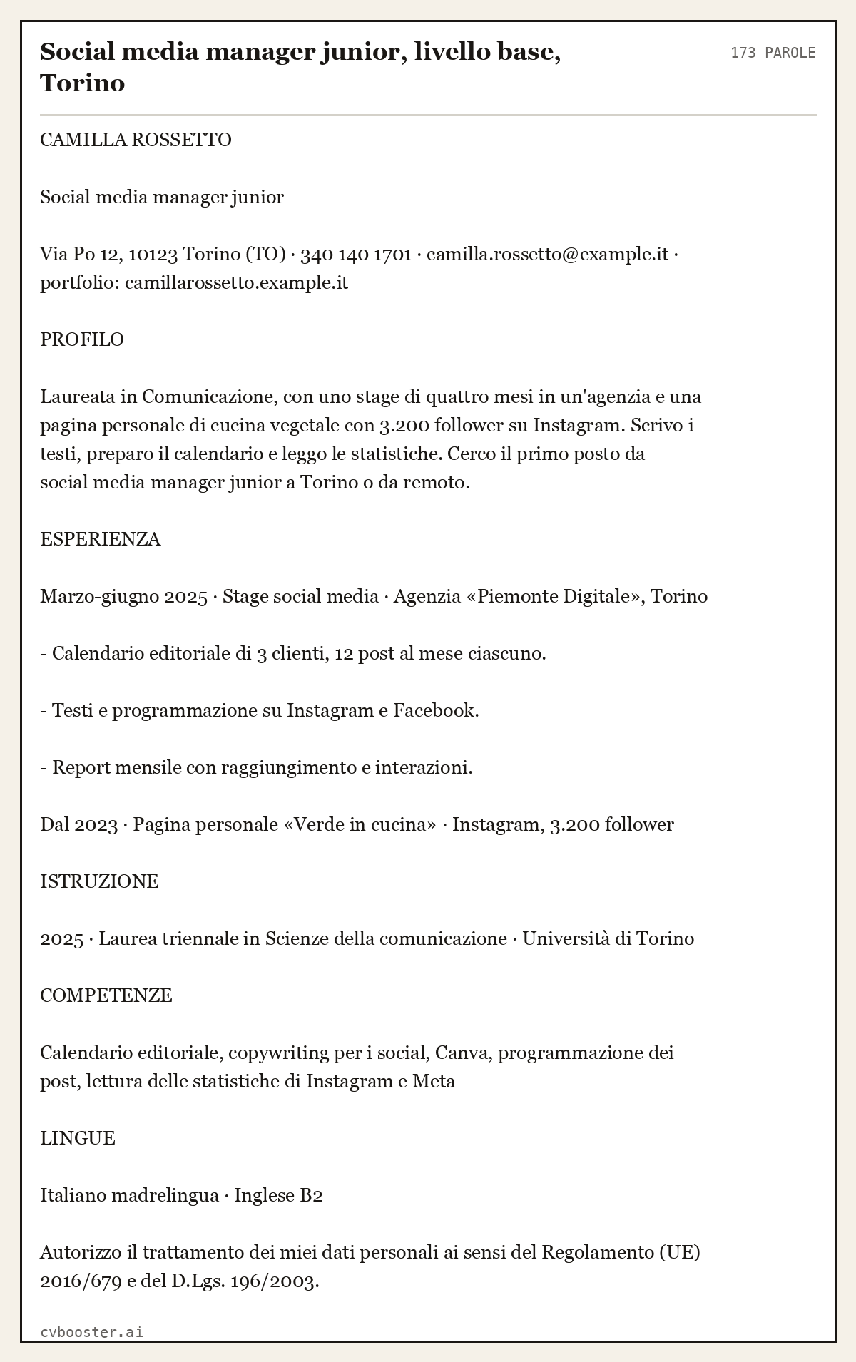Esempio svolto: Social media manager junior, livello base, Torino, 173 parole