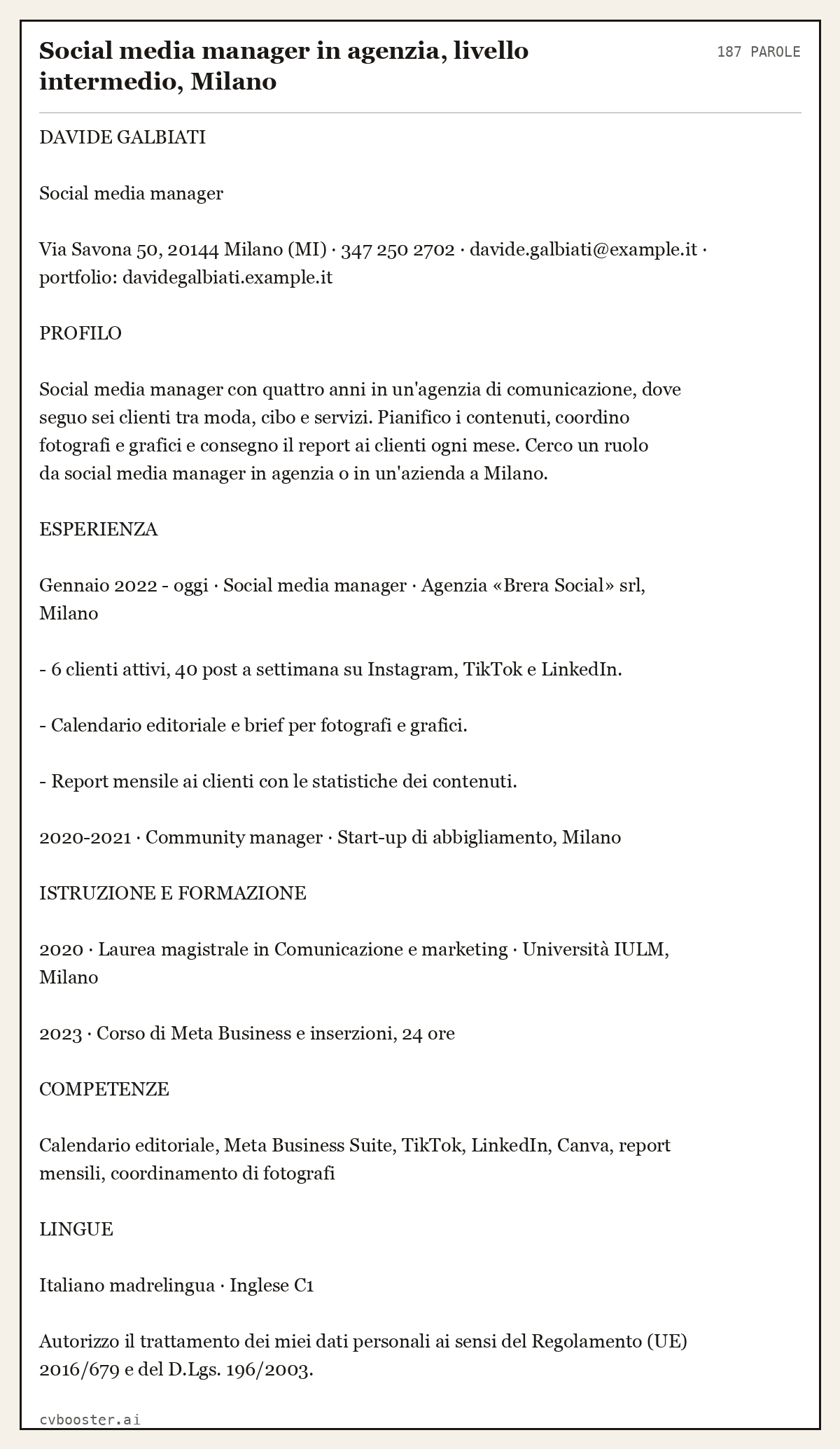 Esempio svolto: Social media manager in agenzia, livello intermedio, Milano, 187 parole