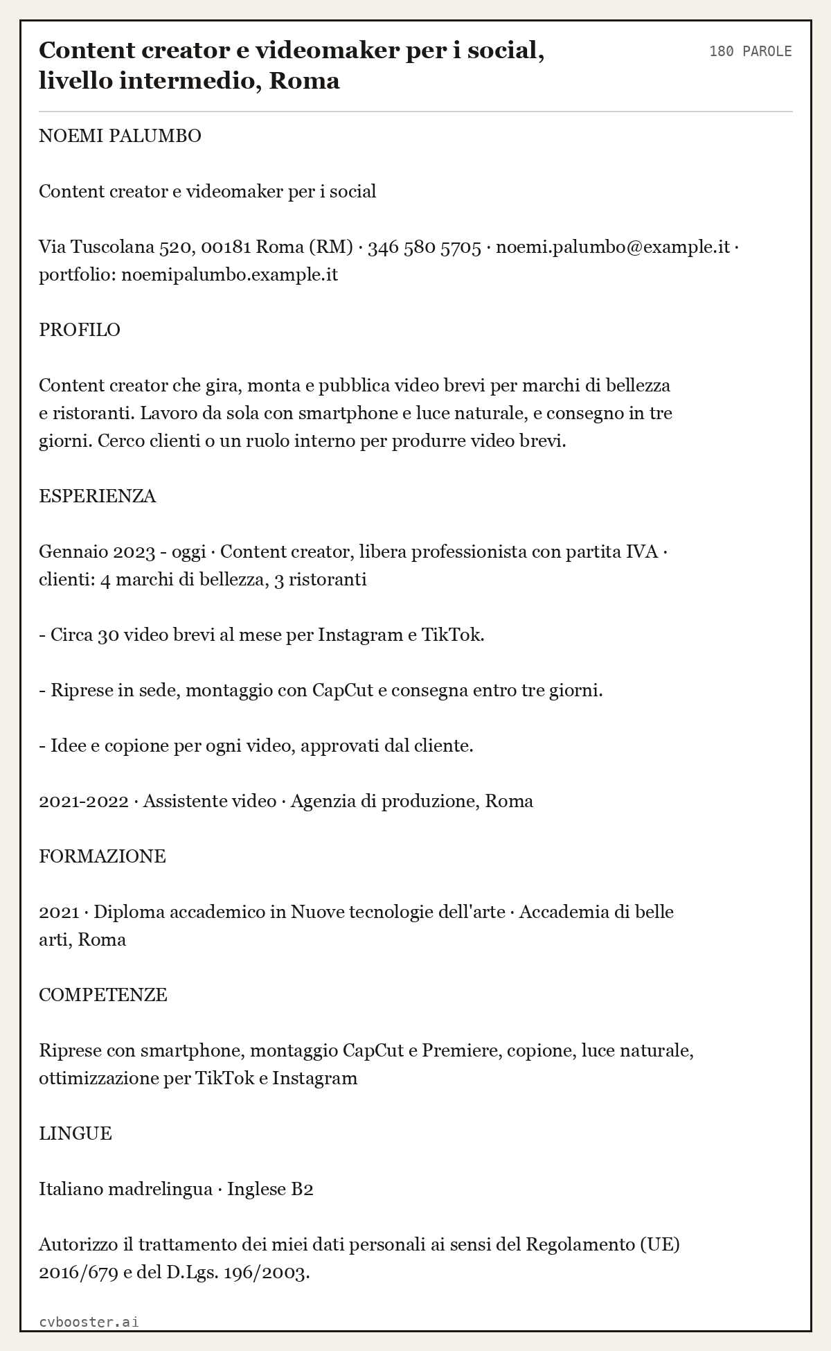 Esempio svolto: Content creator e videomaker per i social, livello intermedio, Roma, 180 parole