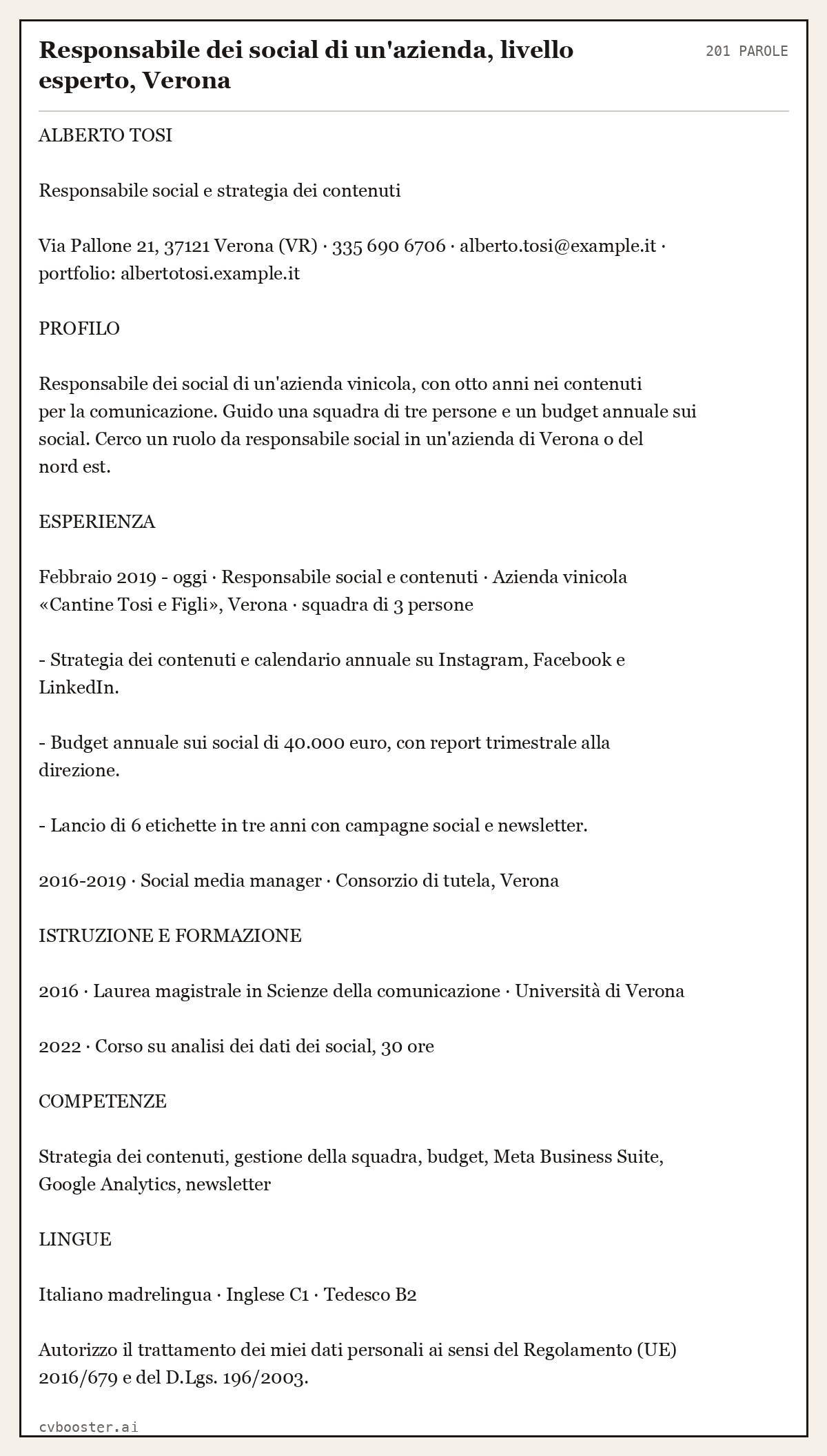 Esempio svolto: Responsabile dei social di un'azienda, livello esperto, Verona, 201 parole