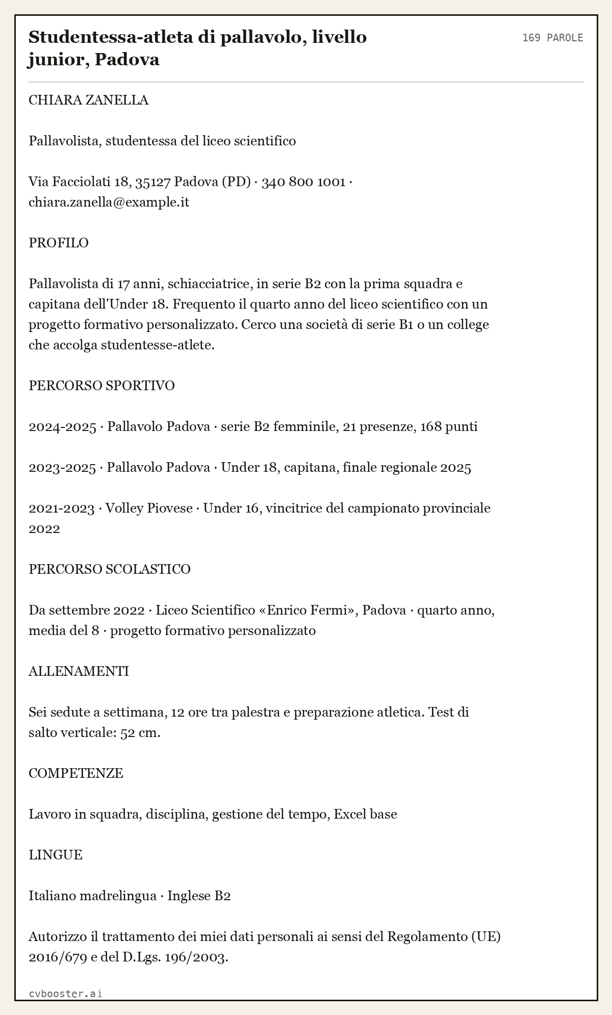 Esempio svolto: Studentessa-atleta di pallavolo, livello junior, Padova, 169 parole