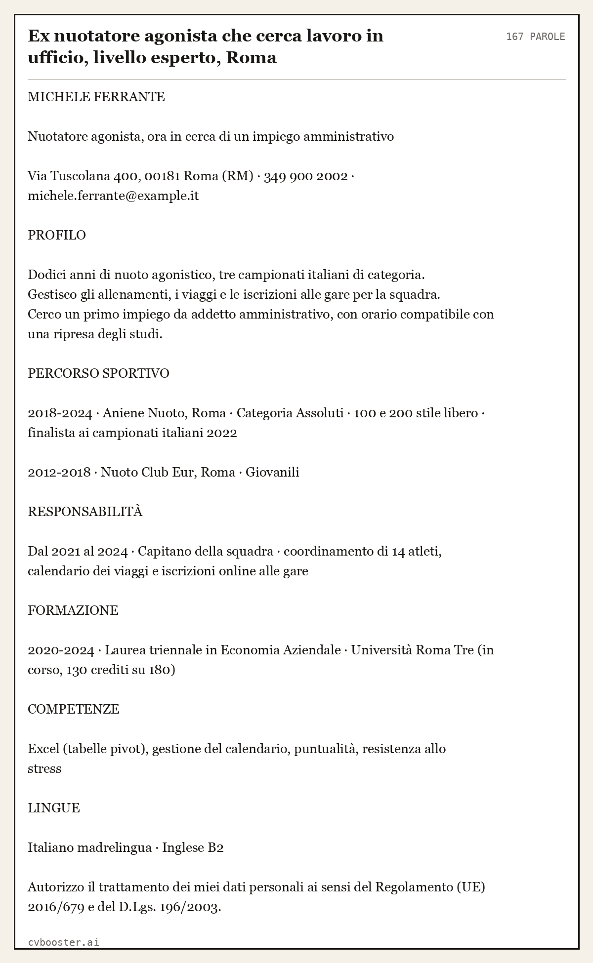 Esempio svolto: Ex nuotatore agonista che cerca lavoro in ufficio, livello esperto, Roma, 167 parole