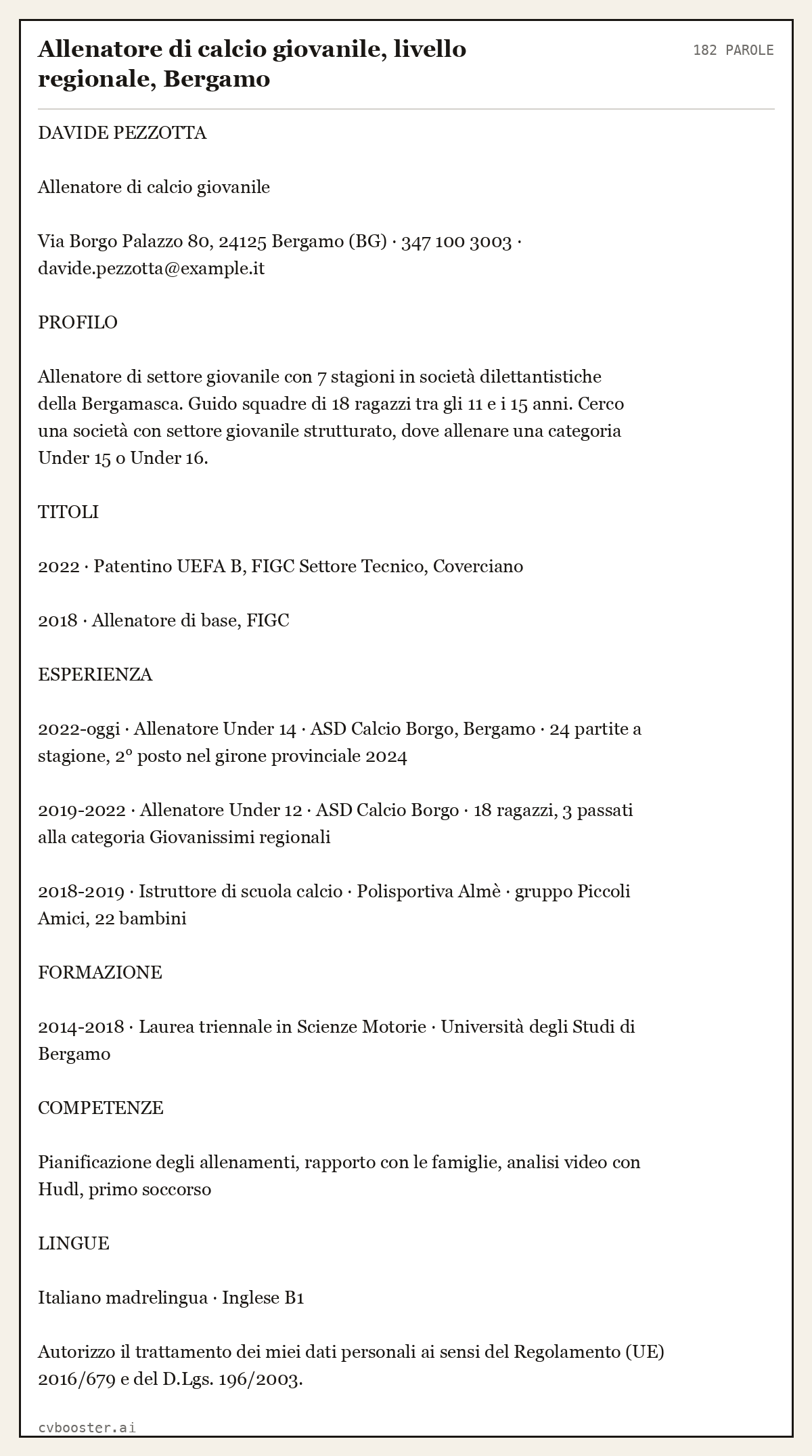 Esempio svolto: Allenatore di calcio giovanile, livello regionale, Bergamo, 182 parole