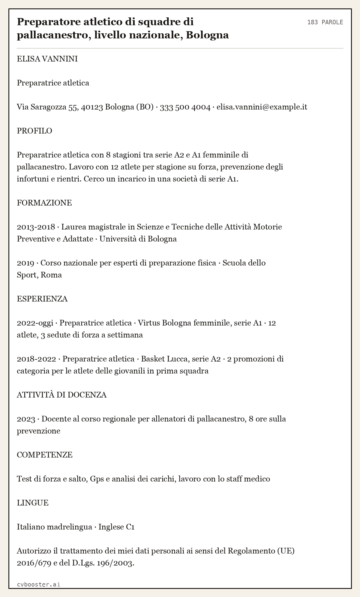 Esempio svolto: Preparatore atletico di squadre di pallacanestro, livello nazionale, Bologna, 183 parole