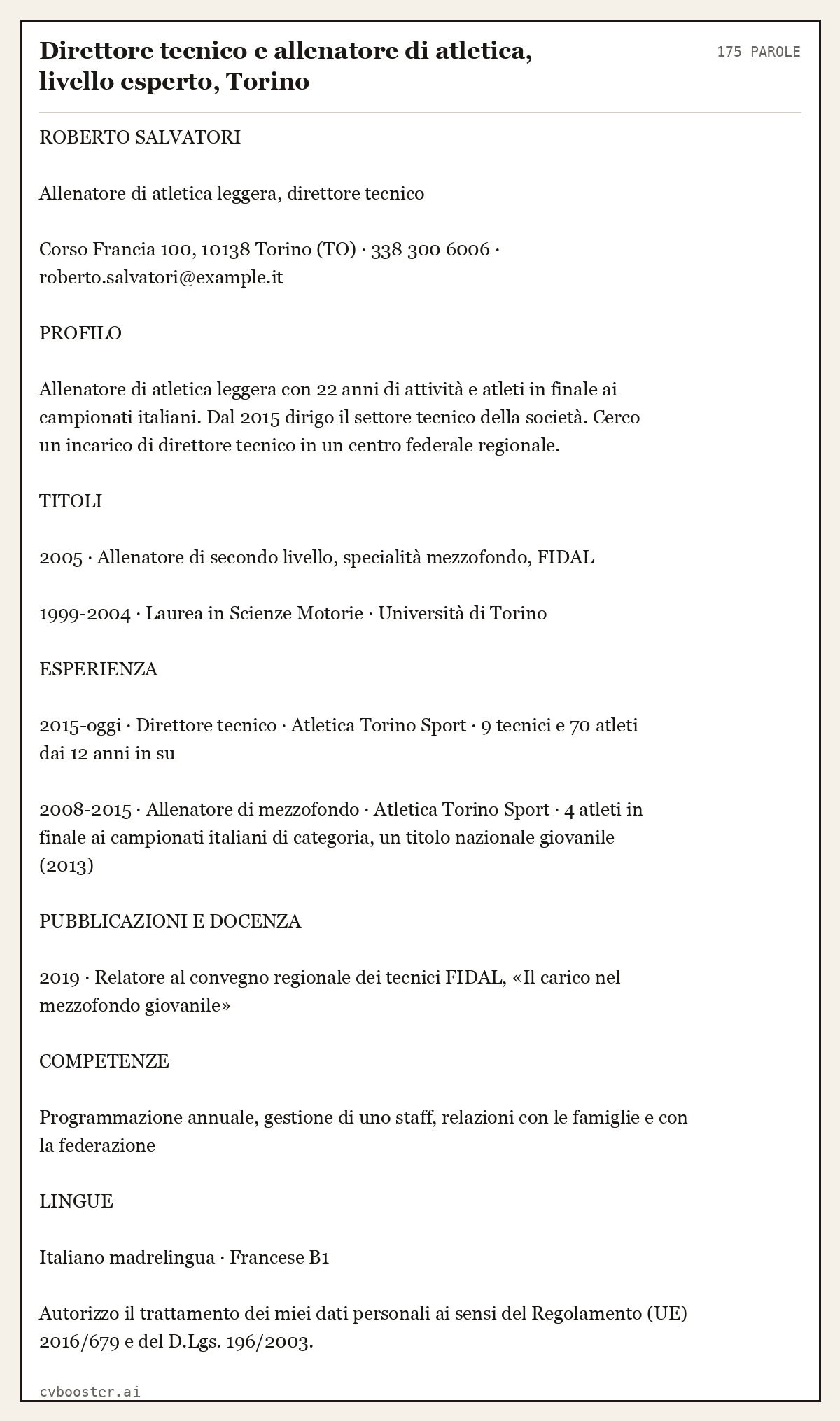 Esempio svolto: Direttore tecnico e allenatore di atletica, livello esperto, Torino, 175 parole