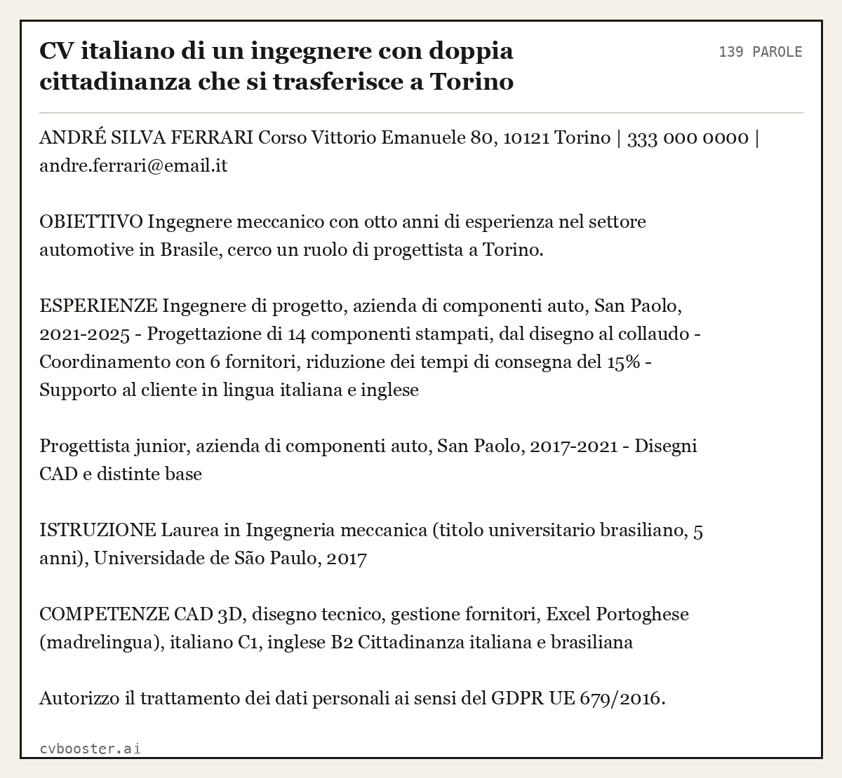 Esempio svolto: CV italiano di un ingegnere con doppia cittadinanza che si trasferisce a Torino, 139 parole