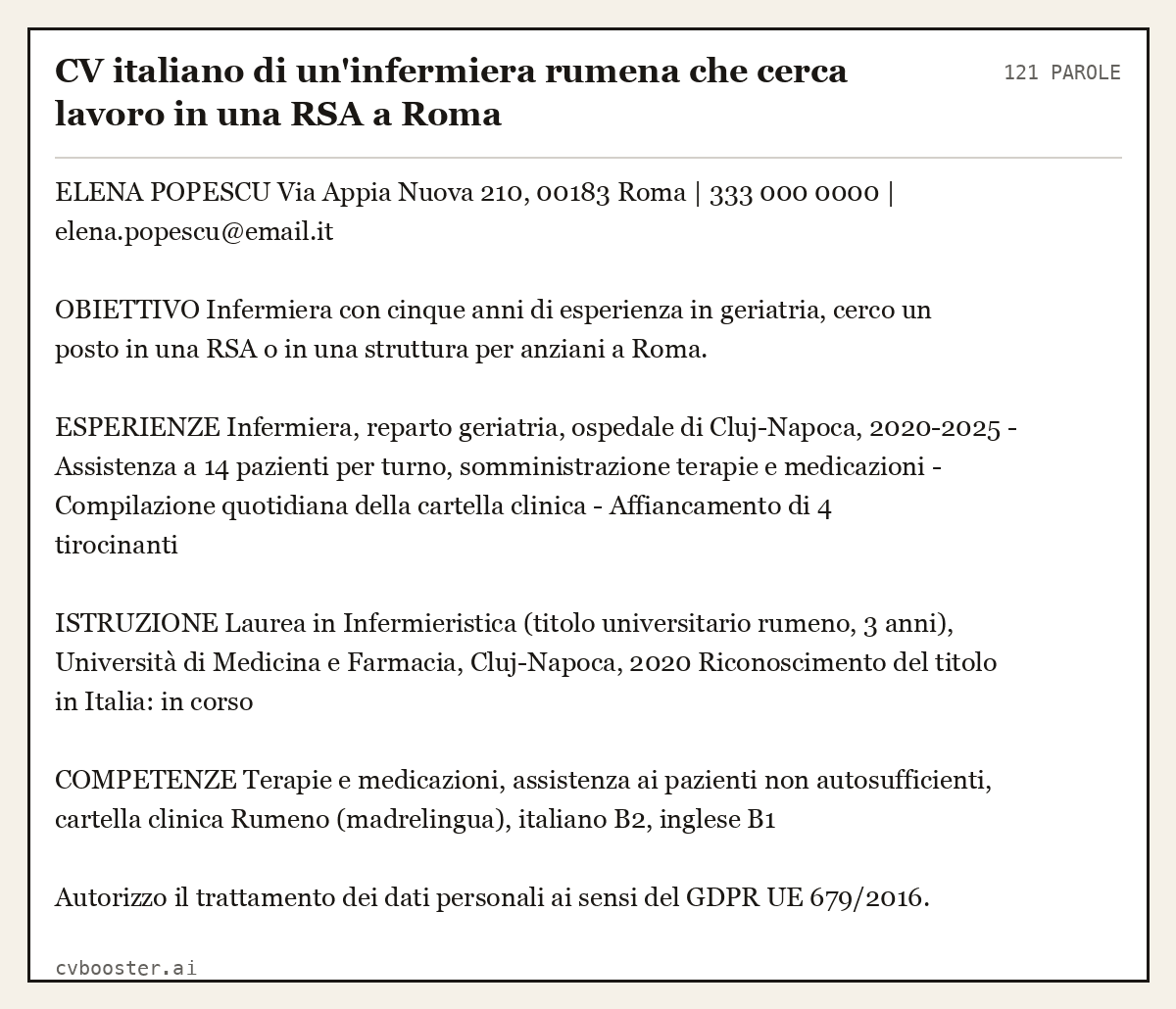 Esempio svolto: CV italiano di un'infermiera rumena che cerca lavoro in una RSA a Roma, 121 parole