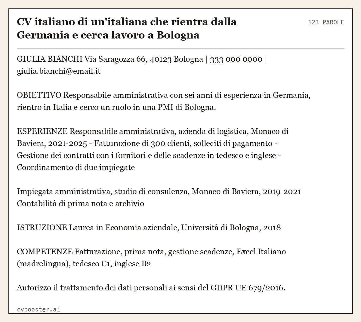 Esempio svolto: CV italiano di un'italiana che rientra dalla Germania e cerca lavoro a Bologna, 123 parole