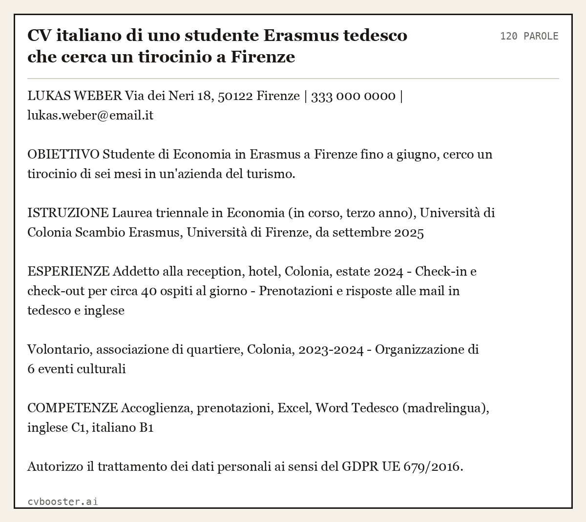 Esempio svolto: CV italiano di uno studente Erasmus tedesco che cerca un tirocinio a Firenze, 120 parole
