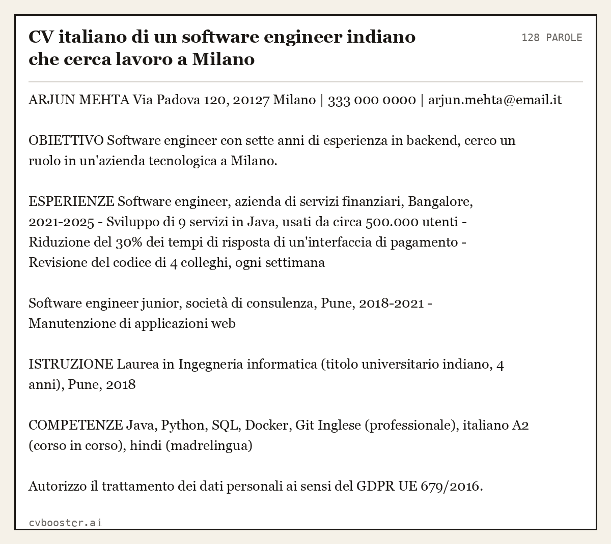 Esempio svolto: CV italiano di un software engineer indiano che cerca lavoro a Milano, 128 parole