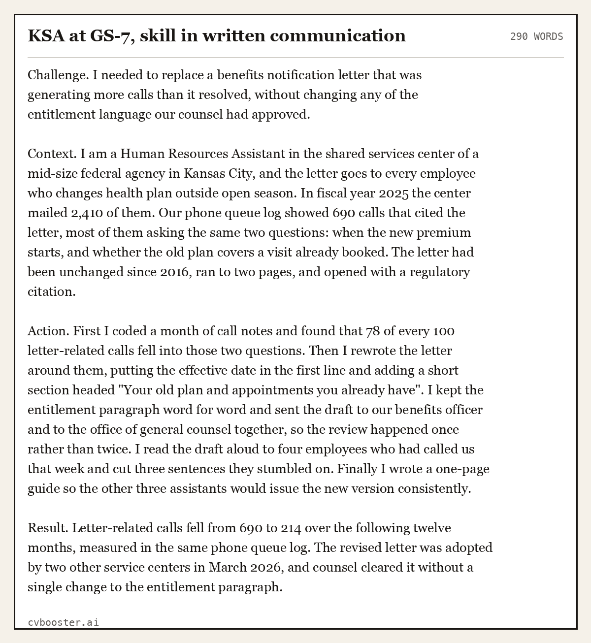Complete KSA at GS-7, skill in written communication example, 290 words, laid out as it would sit in the application form