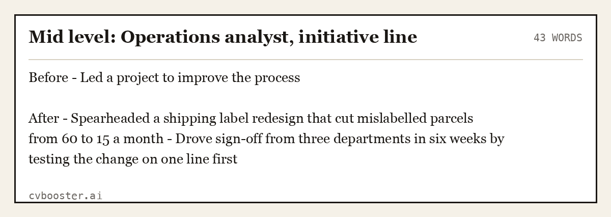 Complete Mid level: Operations analyst, initiative line example, 43 words, laid out as it would sit in the application form
