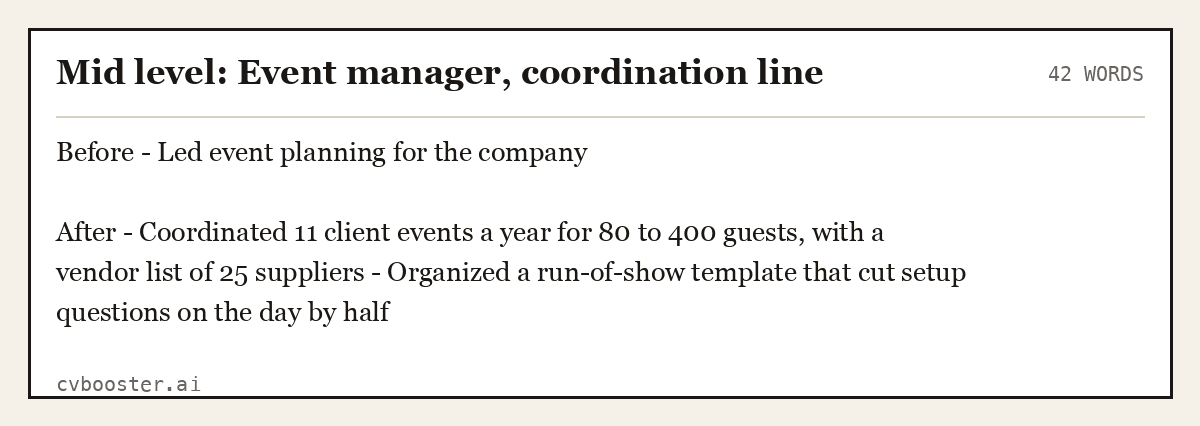 Complete Mid level: Event manager, coordination line example, 42 words, laid out as it would sit in the application form