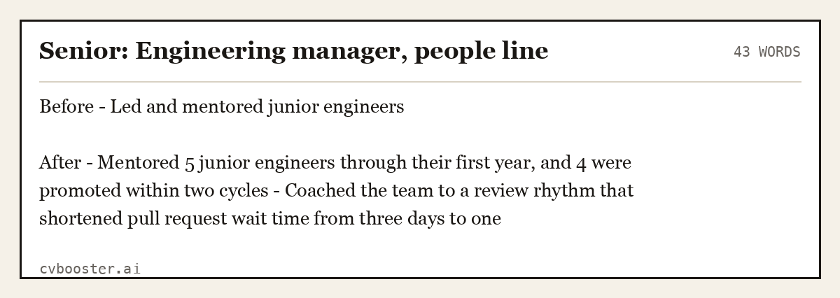 Complete Senior: Engineering manager, people line example, 43 words, laid out as it would sit in the application form