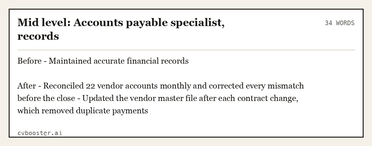 Complete Mid level: Accounts payable specialist, records example, 34 words, laid out as it would sit in the application form