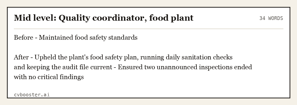 Complete Mid level: Quality coordinator, food plant example, 34 words, laid out as it would sit in the application form