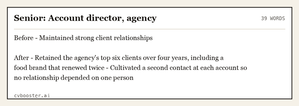 Complete Senior: Account director, agency example, 39 words, laid out as it would sit in the application form