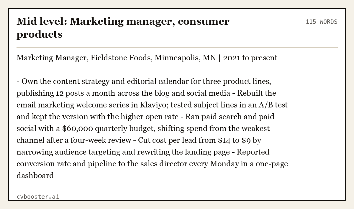 Complete Mid level: Marketing manager, consumer products example, 115 words, laid out as it would sit in the application form