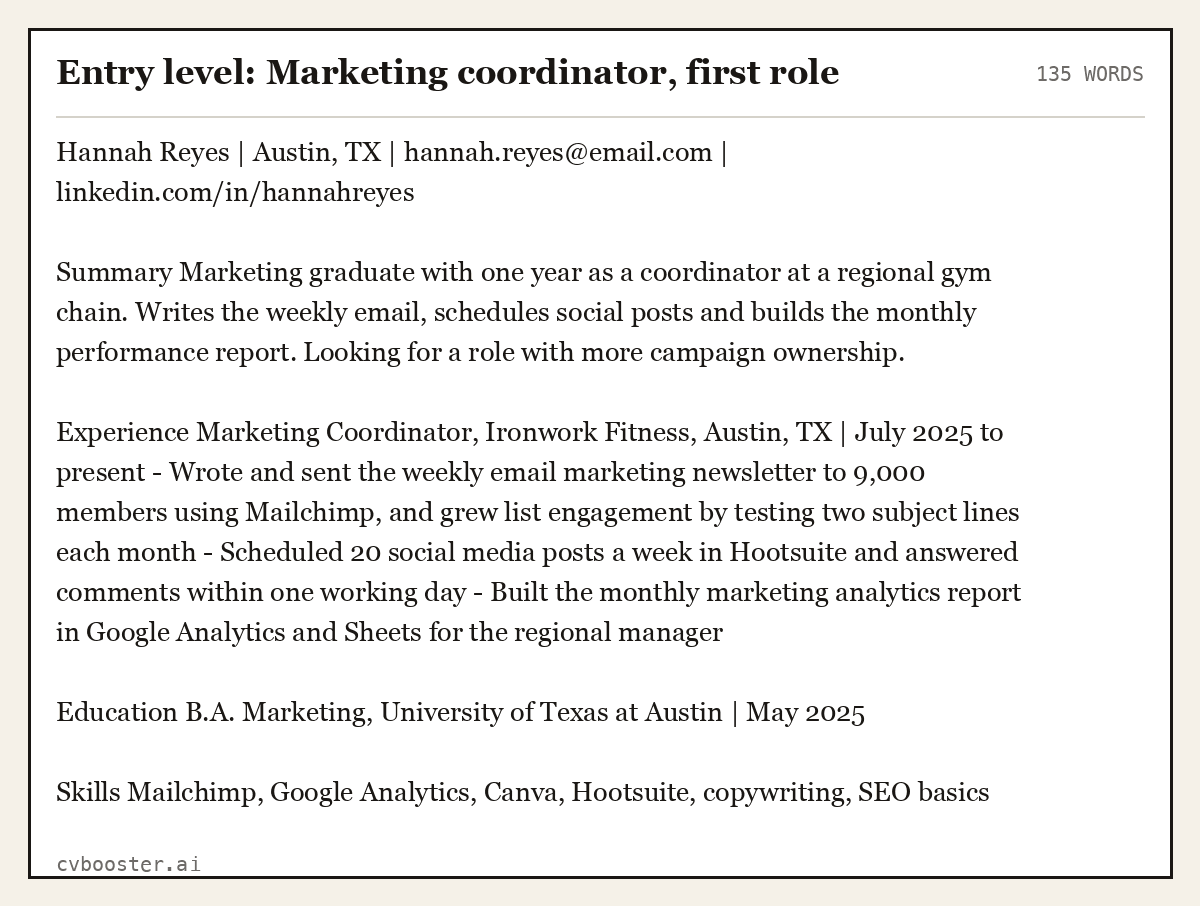 Complete Entry level: Marketing coordinator, first role example, 135 words, laid out as it would sit in the application form