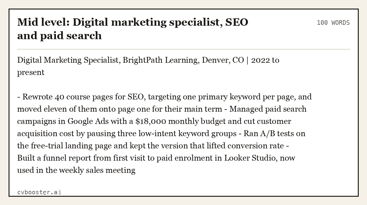 Mid level: Digital marketing specialist, SEO and paid search, complete example, 100 words