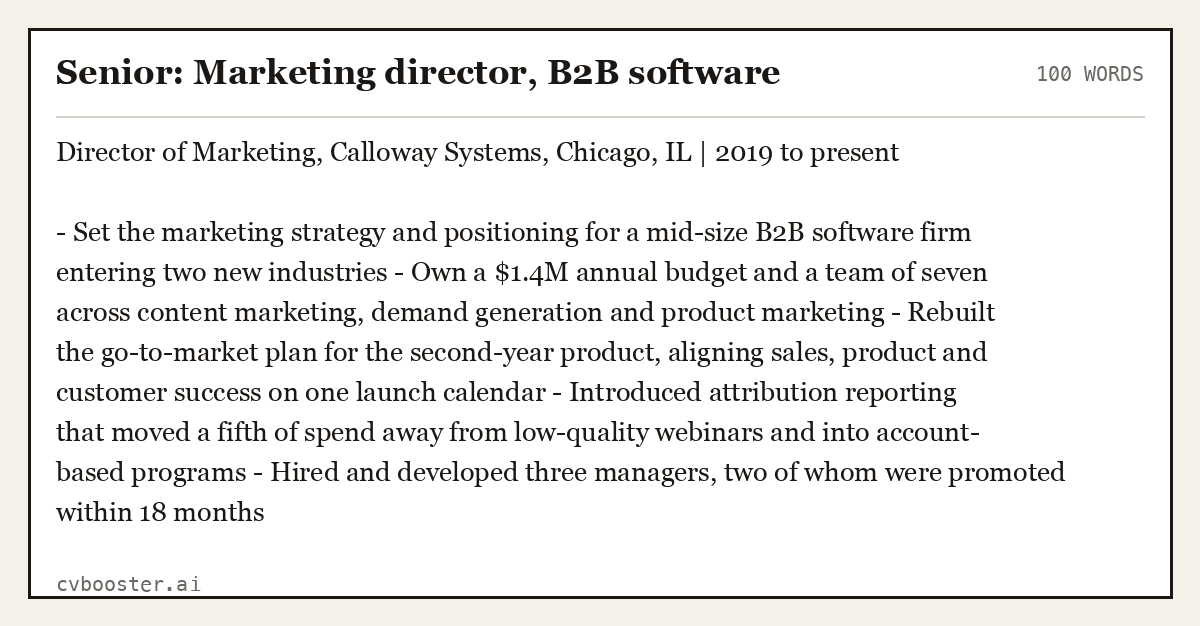 Complete Senior: Marketing director, B2B software example, 100 words, laid out as it would sit in the application form