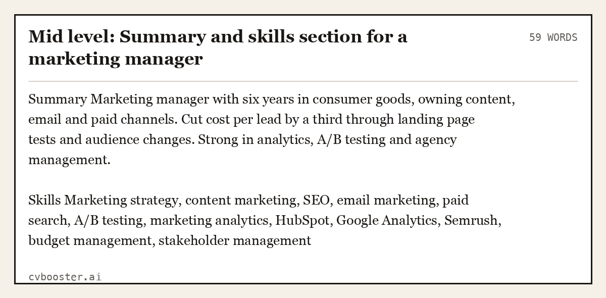 Mid level: Summary and skills section for a marketing manager, complete example, 59 words