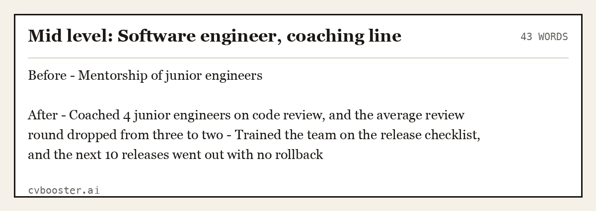 Complete Mid level: Software engineer, coaching line example, 43 words, laid out as it would sit in the application form