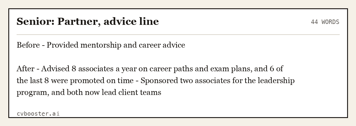 Complete Senior: Partner, advice line example, 44 words, laid out as it would sit in the application form