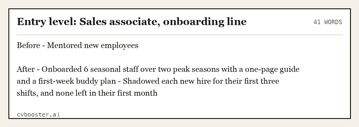 Complete Entry level: Sales associate, onboarding line example, 41 words, laid out as it would sit in the application form