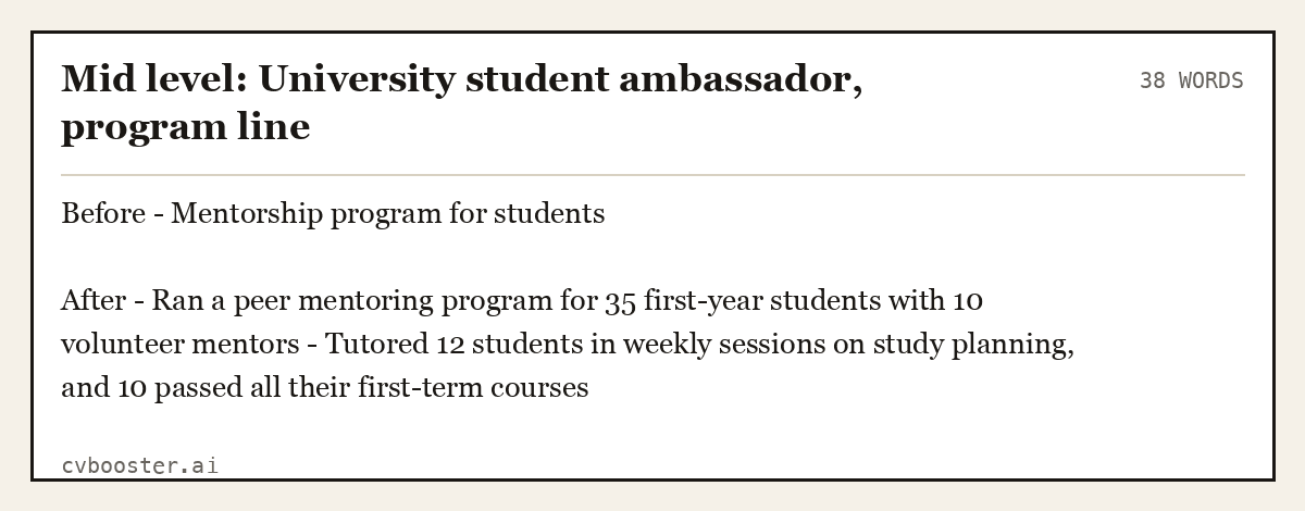 Mid level: University student ambassador, program line, complete example, 38 words